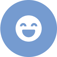 Smiling face icon on blue circle background.